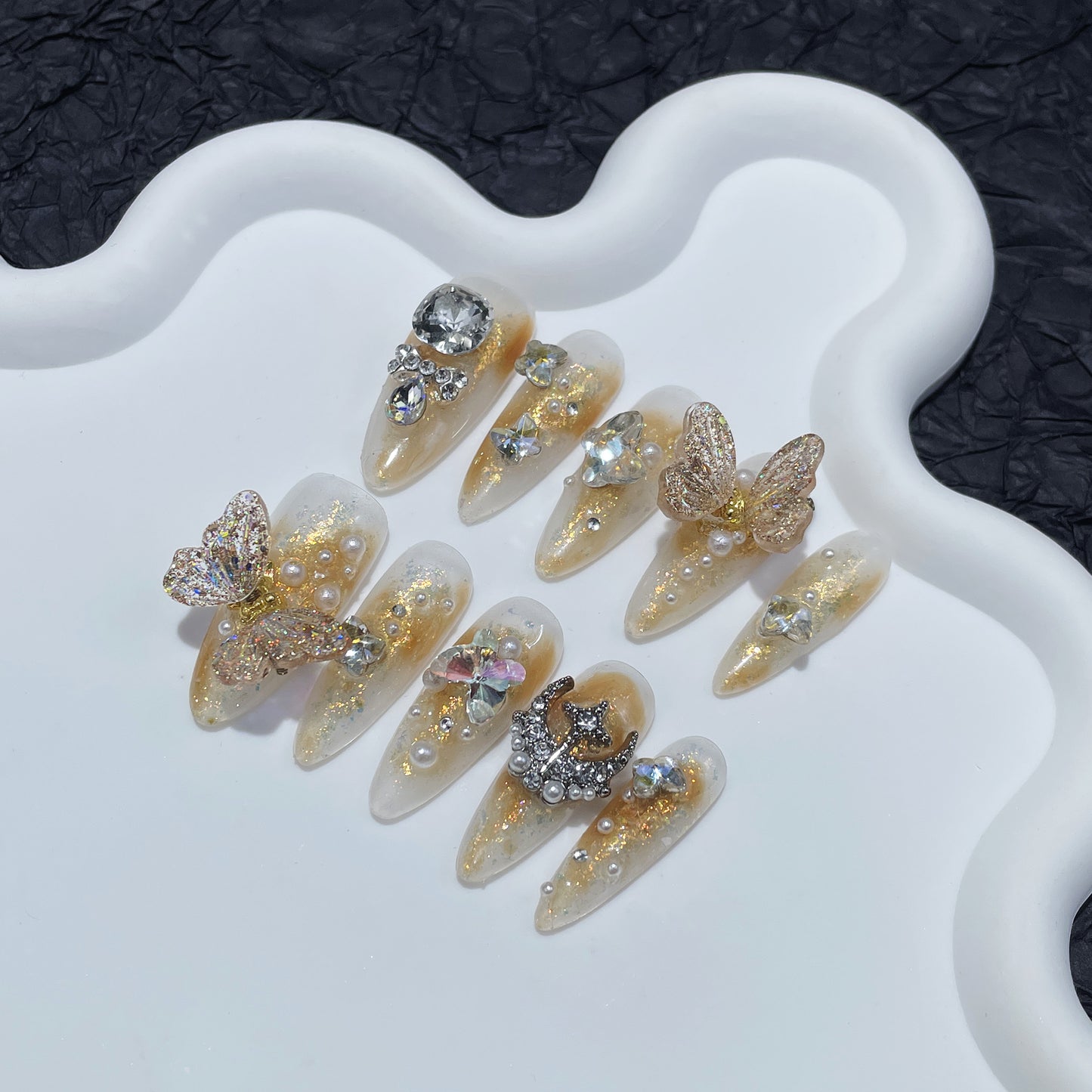 Light luxury heavy industry pure handmade high-end wearing armor Symphony smart butterfly long pointed nail patch moving butterfly|365nails