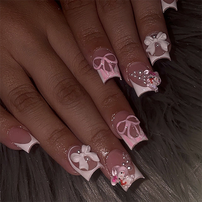 Sweet pink French white edge wearing nail three-dimensional bow fake nail short square manicure nail piece wholesale|365nails