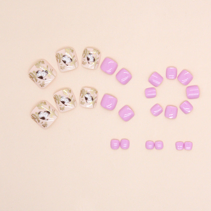 Unhas postiças de borboleta com flor e folha de ouro, cor sólida, rosa, para meninas, unhas postiças, estilo vento, unhas postiças, 365nails