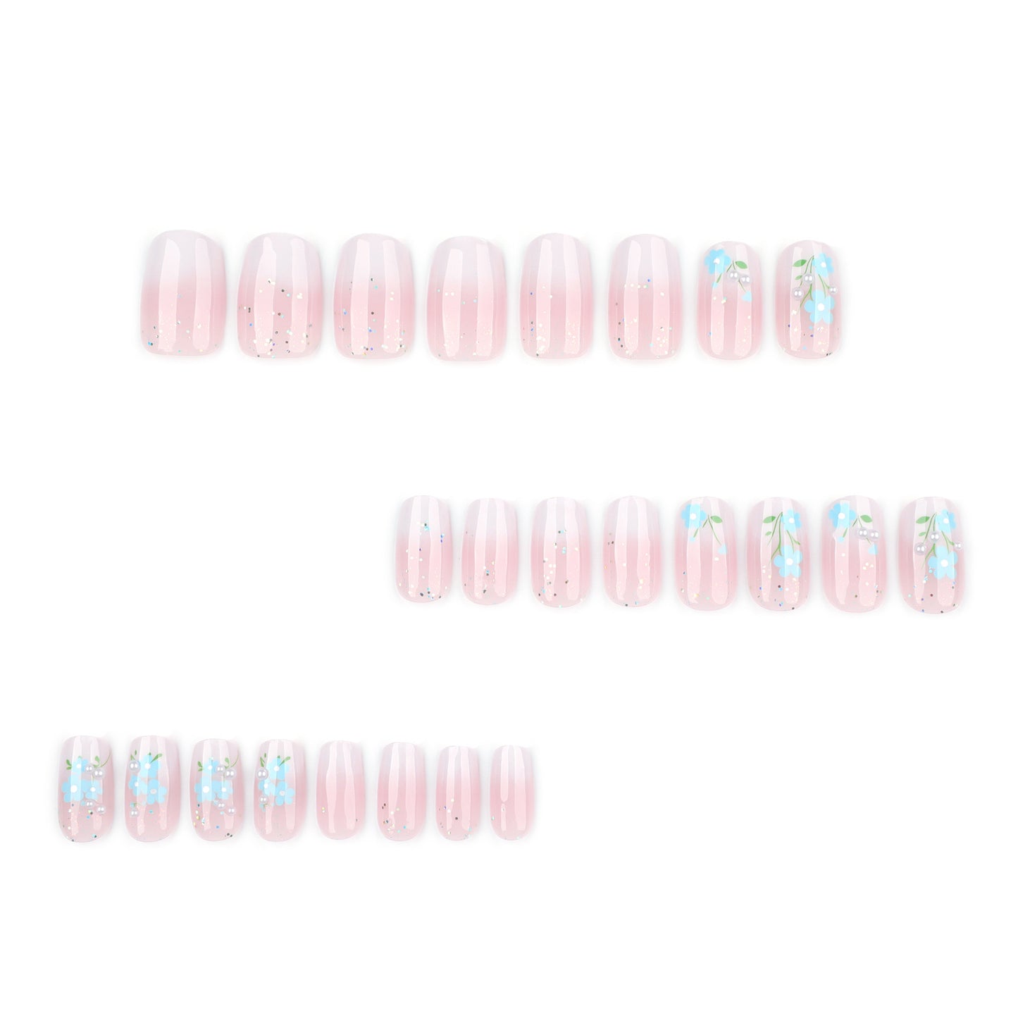 Fresh blue flowers pink and white gradual change simple short square press-on nails