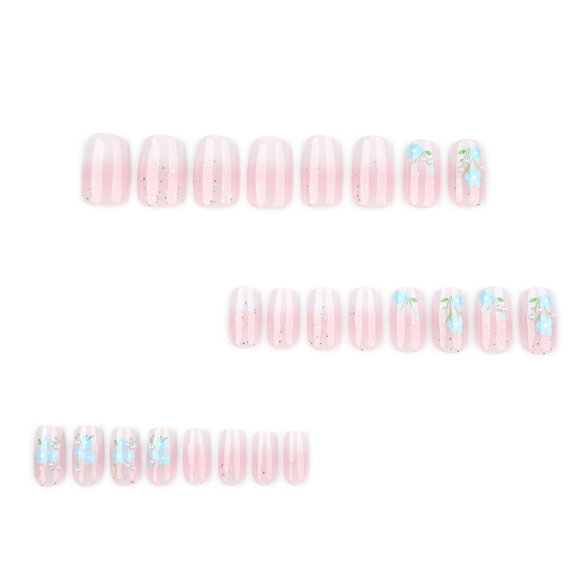 Fresh blue flowers pink and white gradual change simple short square press-on nails