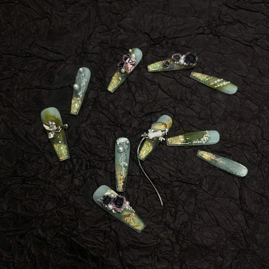 Misty Green Black Rose Pearl Gold Long Coffin Press On Nail