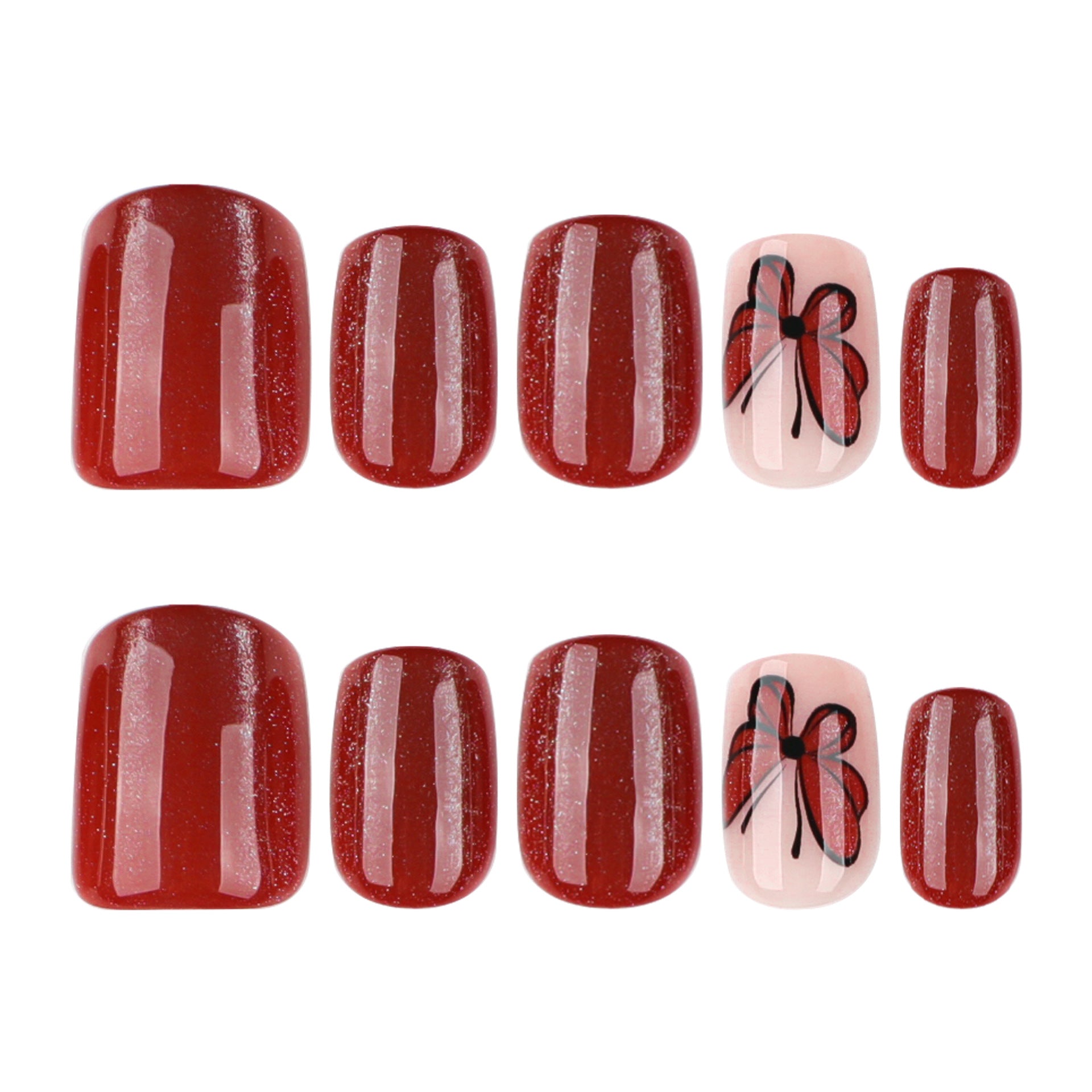 Red cat's eye flashes short square simple butterfly press-on nails