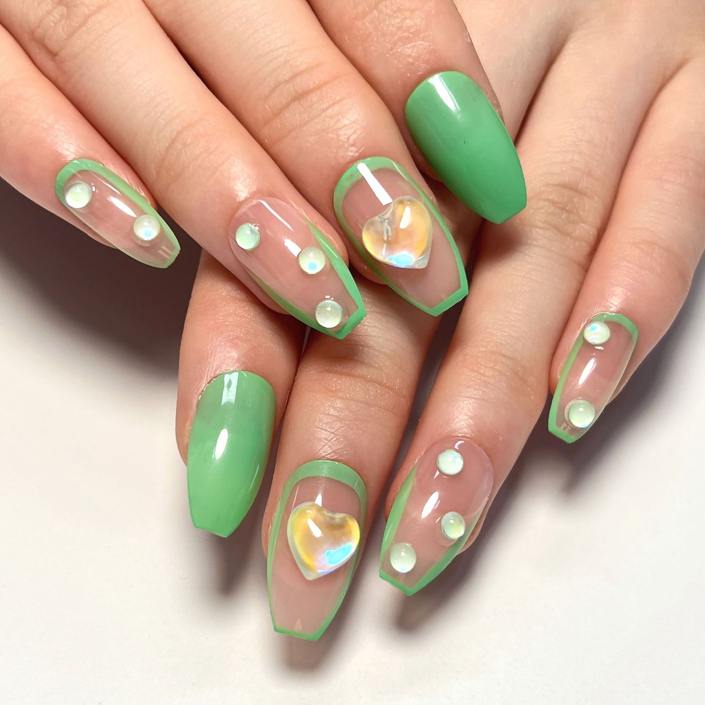 Small fresh French green edge press on nails solid color green manicure short ballet human fish bead love nail wholesale|365nails