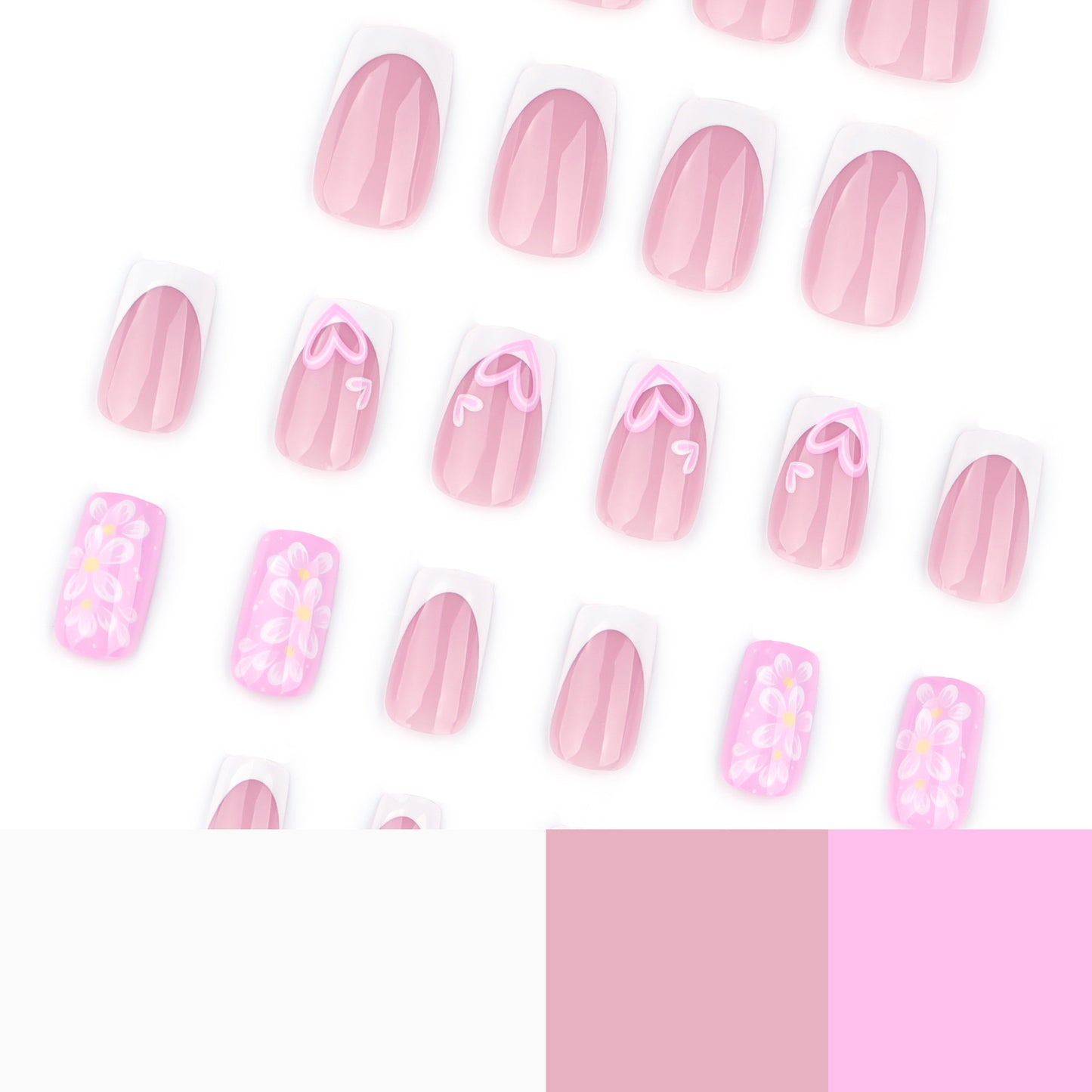 Spring and summer new products, flower love wearing nail French white manicure, medium and short square nail fake nail, hot-selling nail pieces in Europe and America|365nails