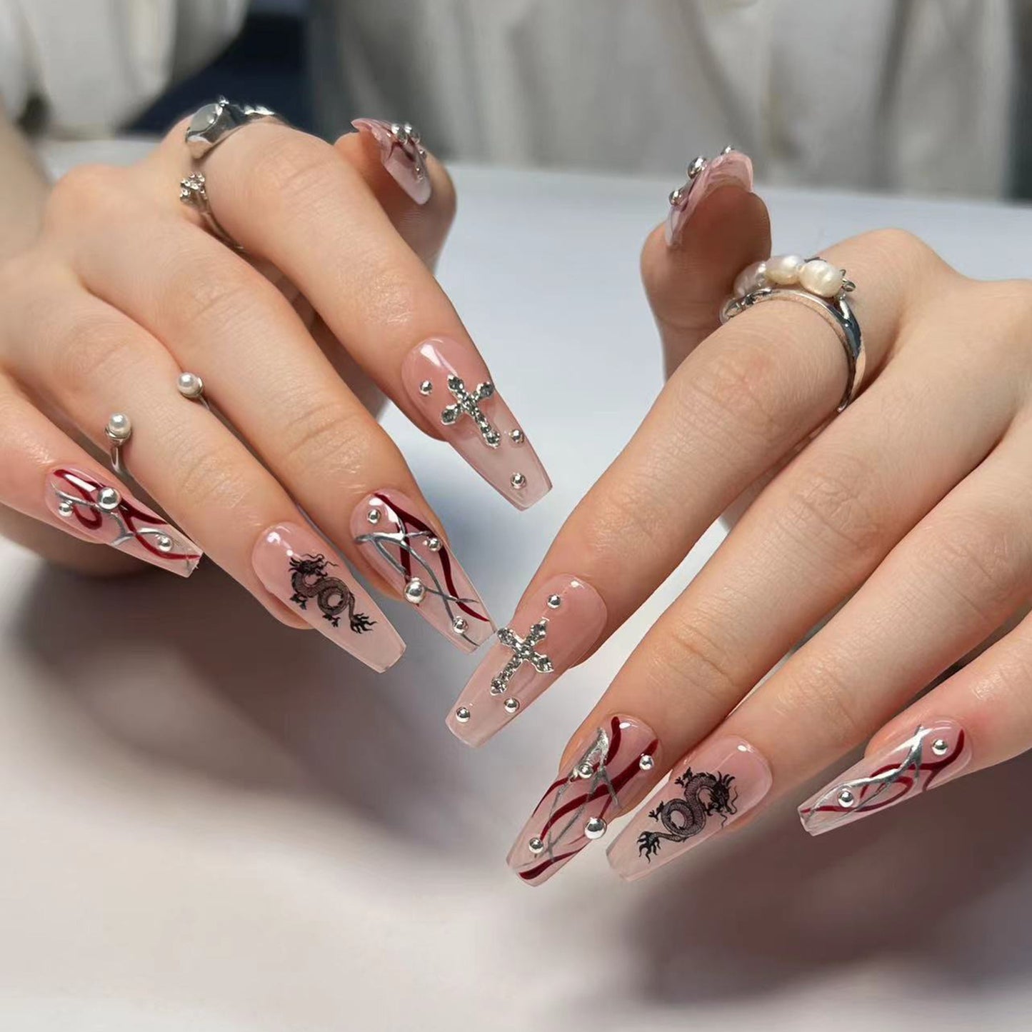New Year's Chinese Dragon Country Chaofeng Nail Art Tablets Cross Point Diamond Wearing Nail Medium and Long Ballet Nail False Nail Wholesale|365nails