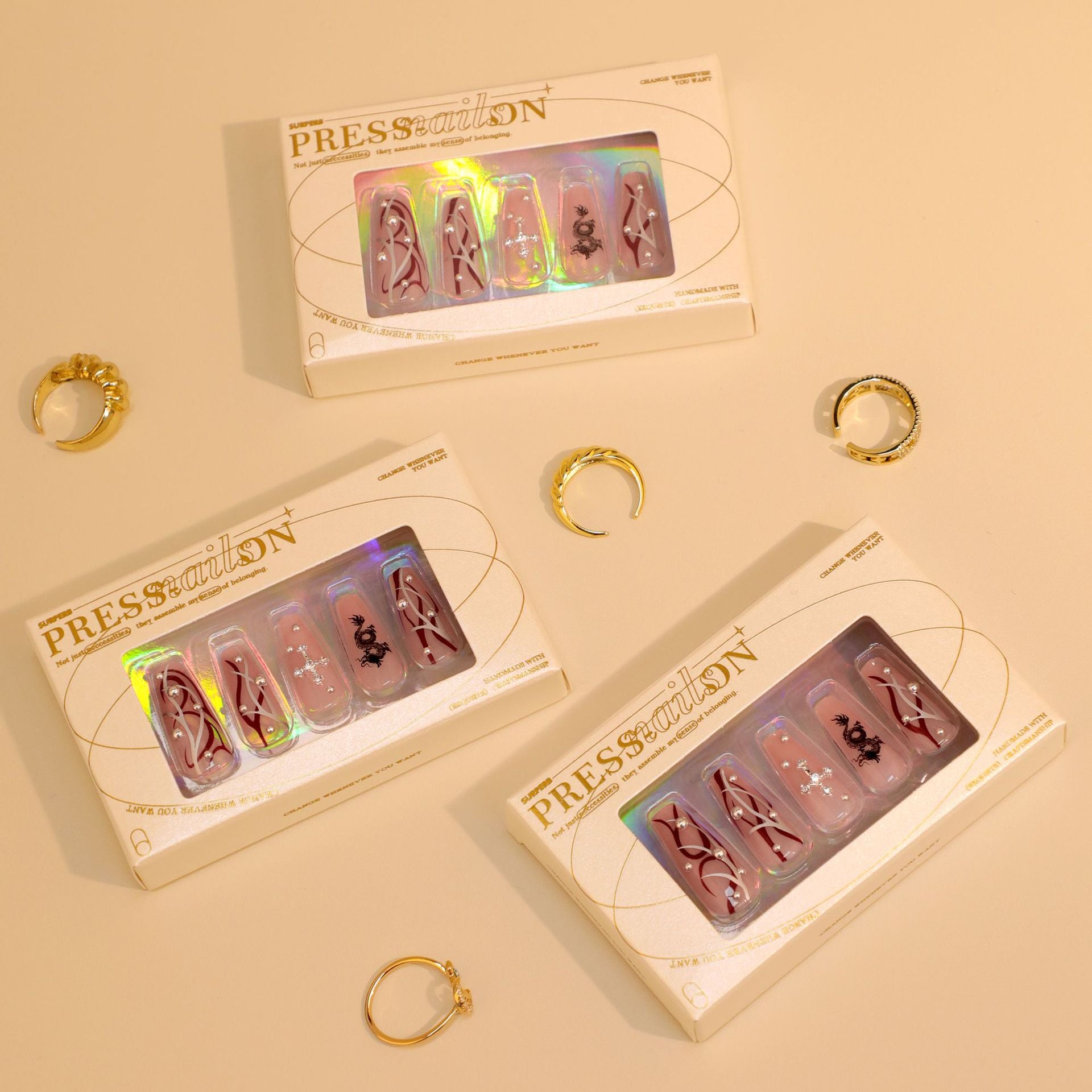 New Year's Chinese Dragon Country Chaofeng Nail Art Tablets Cross Point Diamond Wearing Nail Medium and Long Ballet Nail False Nail Wholesale|365nails