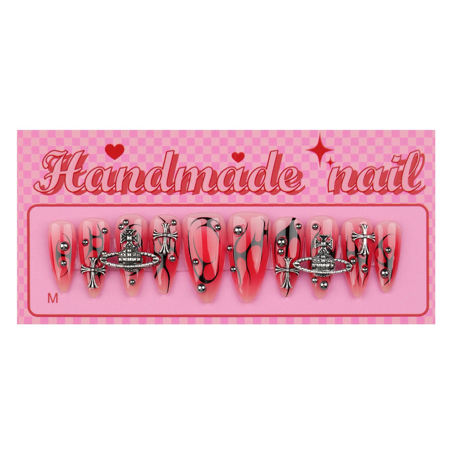 Red-Black Flame Press-On Nails | Stiletto | Handmade with Silver Cross & Planet Charms