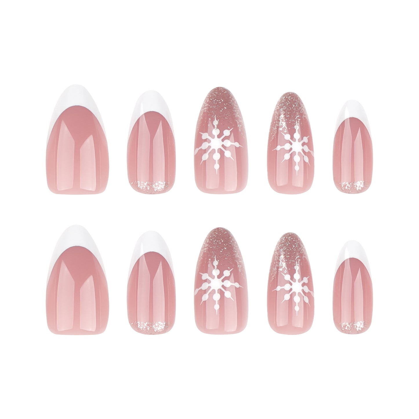 Unhas francesas brancas simples com floco de neve de Natal, unhas postiças com glitter dourado e folhas curtas, atacado | 365nails