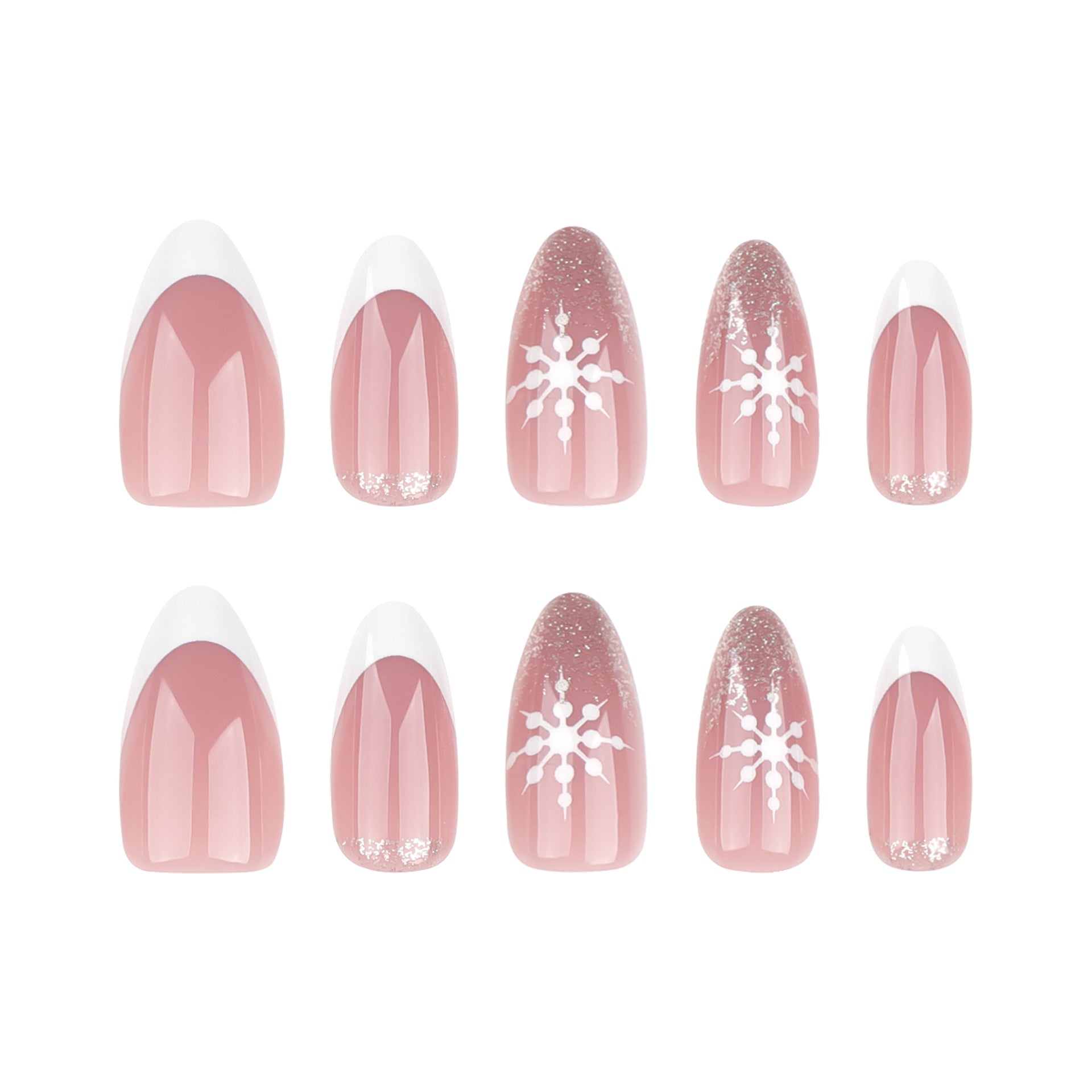 Unhas francesas brancas simples com floco de neve de Natal, unhas postiças com glitter dourado e folhas curtas, atacado | 365nails