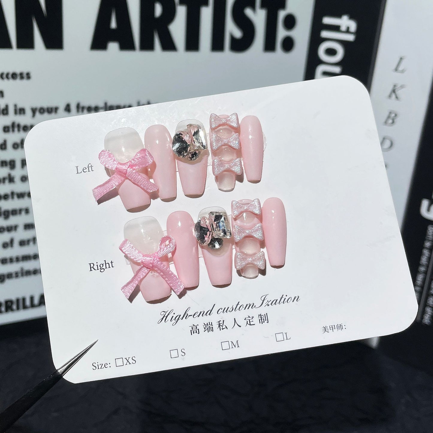 Uñas postizas con lazo de bailarina, hechas a mano, con diamantes, francesas, medianas y largas, parches para uñas, fáciles de usar | 365nails