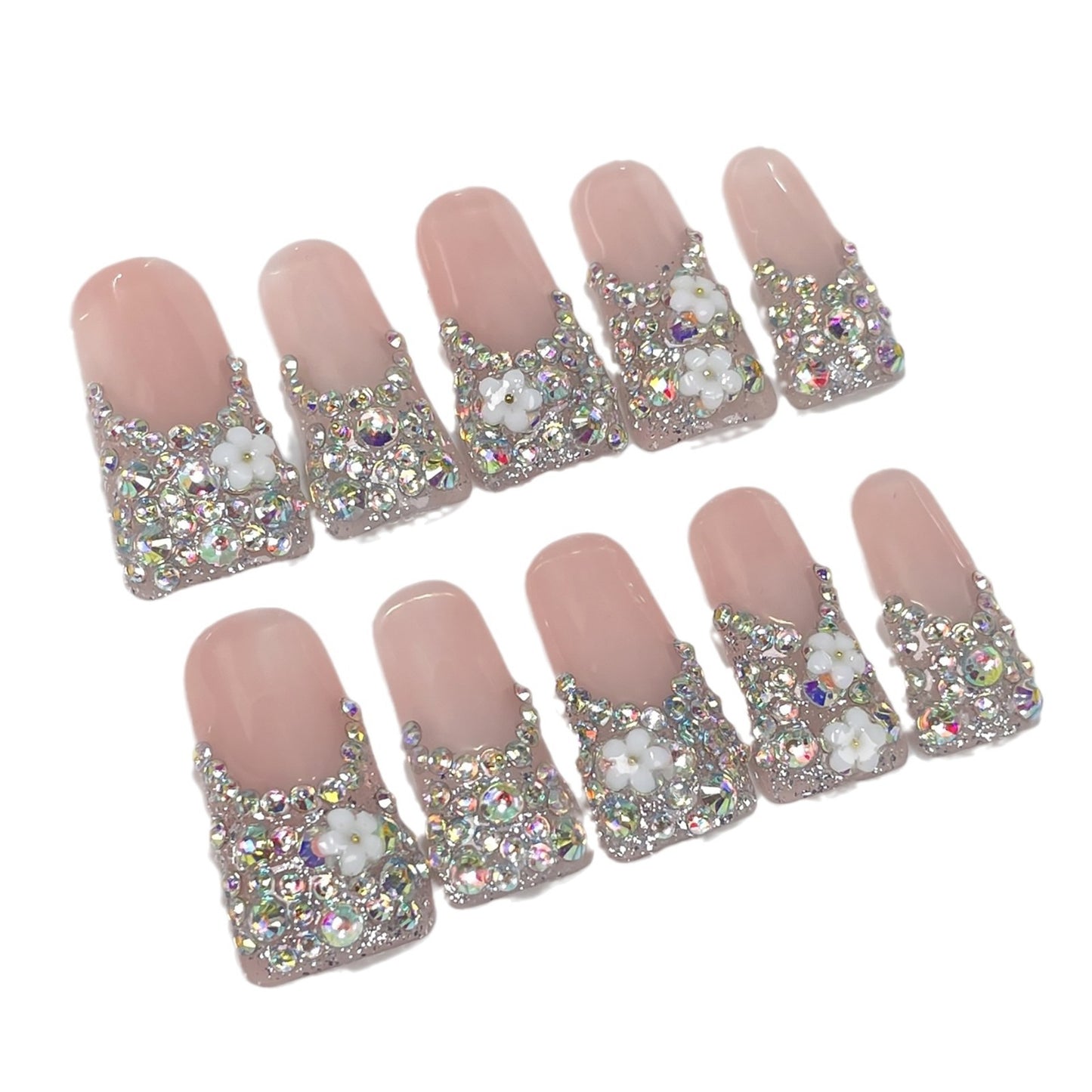 Unhas francesas longas, feitas à mão, com design de bico de pato, lindas, feias e fofas, cheias de diamantes e brilhantes, usando unhas postiças|365nails
