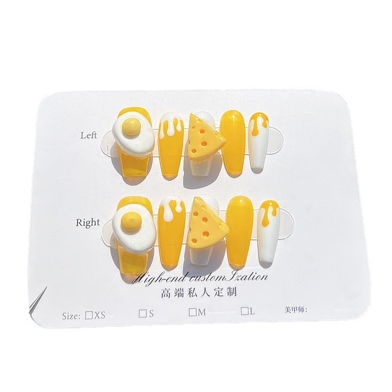 Dibujos animados tridimensionales de yema de huevo y queso, lindos parches de uñas medianas y largas, uñas postizas hechas a mano, uñas postizas al por mayor | 365nails