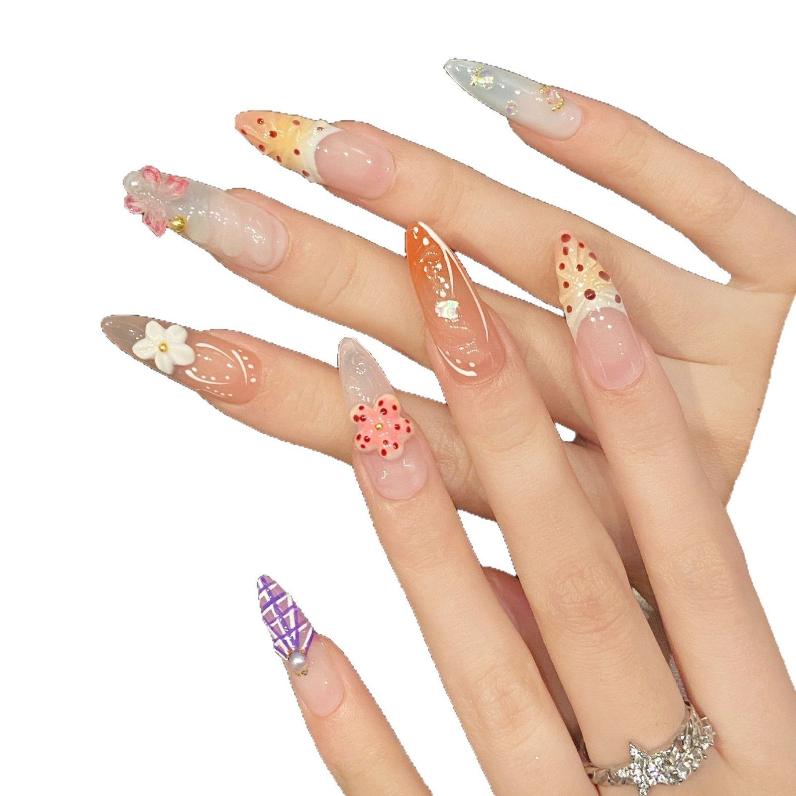 Uñas francesas ovaladas largas y puntiagudas con grabado de viento tropical, hechas a mano y con dopamina de verano | 365nails