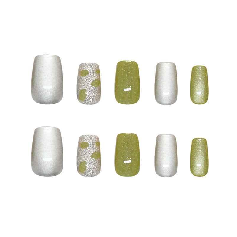 Puntas de uñas prefabricadas, fragmentos verdes transparentes, destellos finos, arenas movedizas, ojo de gato, moda, parche de uña blanco 3|365nails