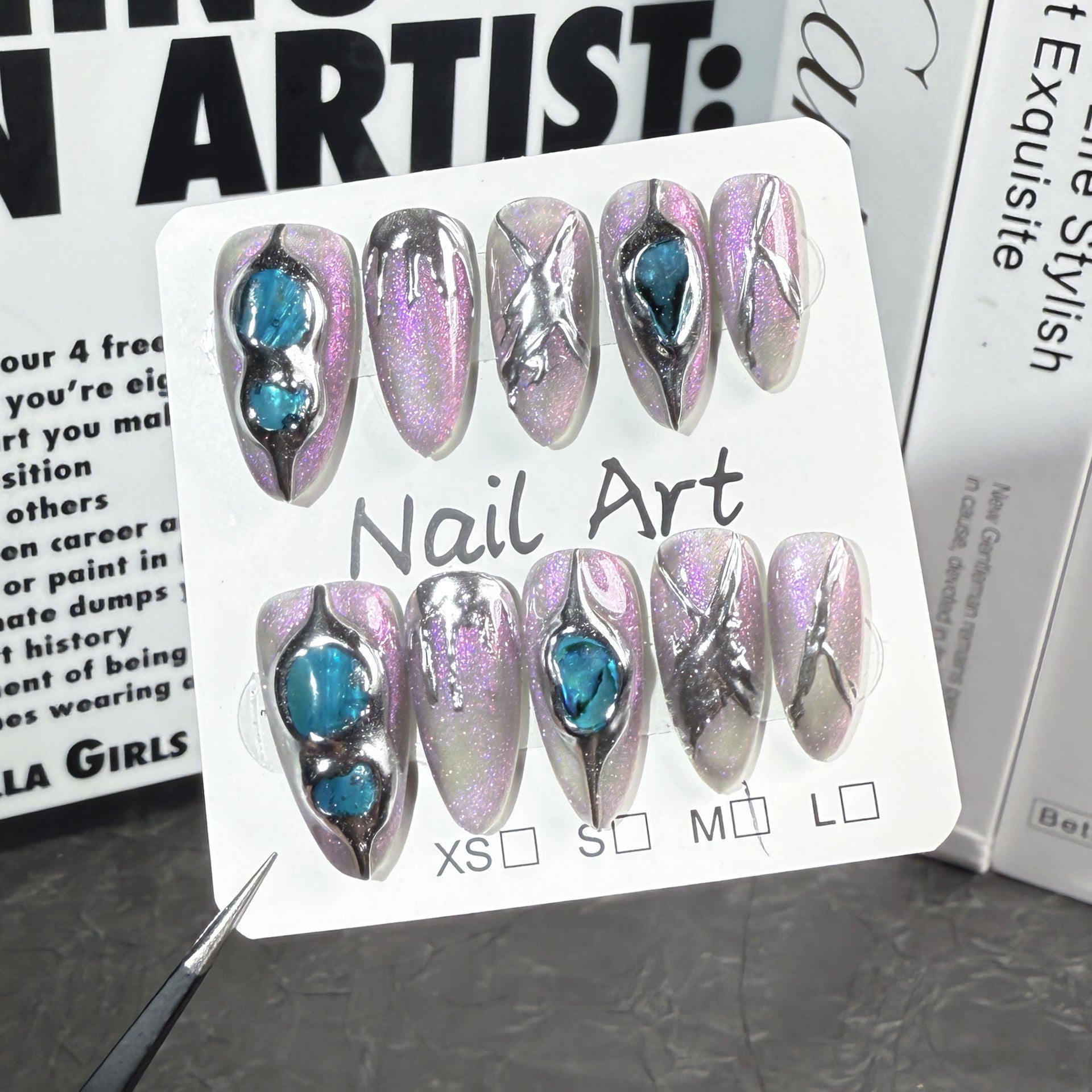 Handmade Press-on Nails Baroque Aurora Transparent Black Three-dimensional Metal Shaping Almond Nail Wearable Nail Sticker|365nails