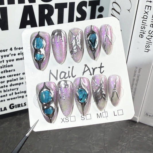 Uñas postizas hechas a mano estilo barroco Aurora, transparentes, negras, tridimensionales, de metal, con forma de almendra, pegatinas para uñas | 365nails