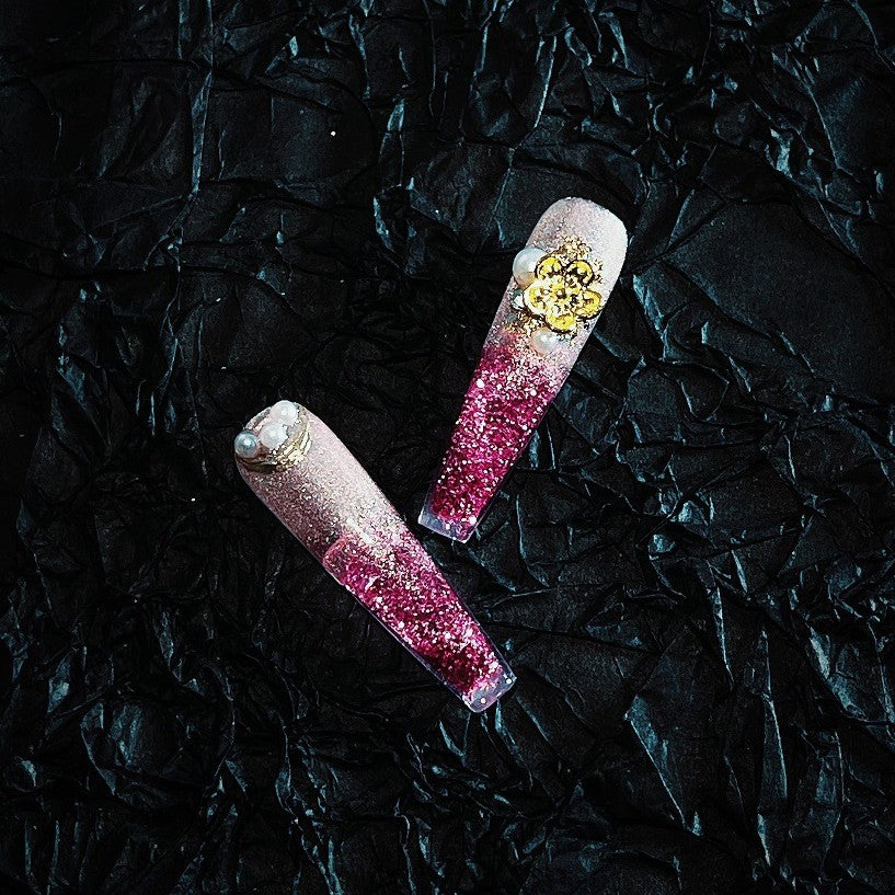 Title Blushing Sakura Glow | Pink-Gold Floral Art Series Press-On Nails