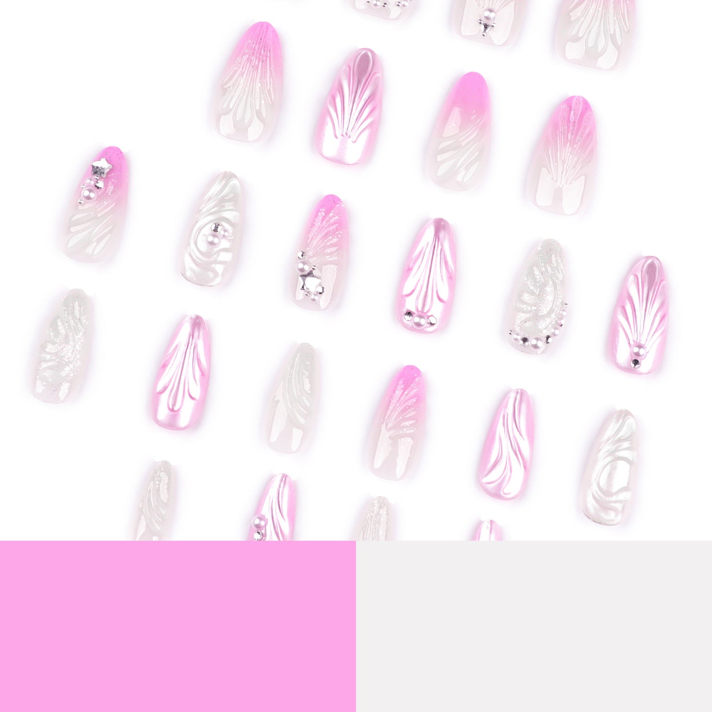 Uñas postizas con diseño de gotas de agua en forma de concha con cambio gradual en rosa 3D, punta de perla, manicura de diamante, uñas cortas de alta gama, venta al por mayor | 365nails