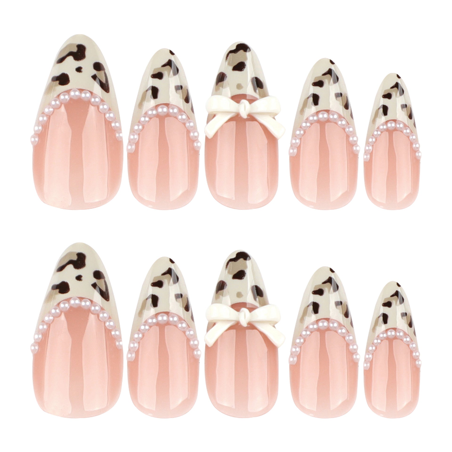 Almond French Leopard Print Short Pearl Bow press-on nails