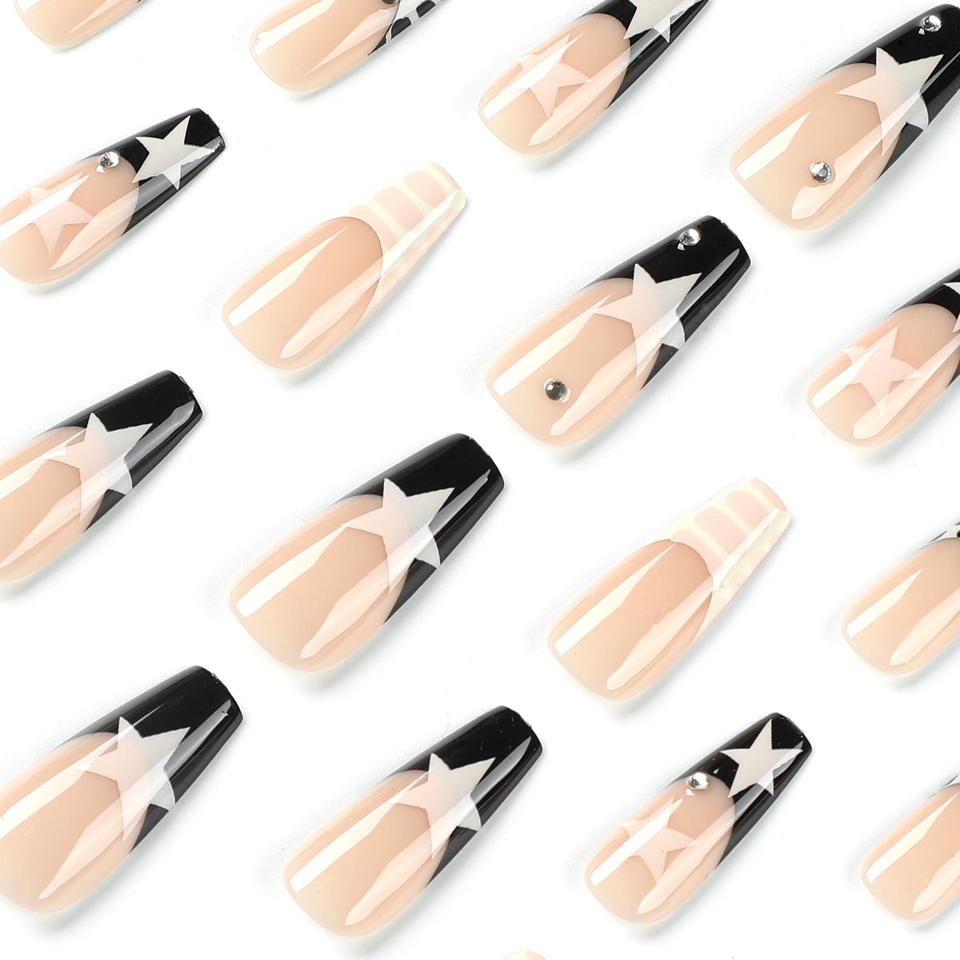 Unhas postiças com estampa de estrelas strass, unhas postiças pretas, amarelas, contrastantes, com fundo branco leitoso, francesas, unhas postiças|365nails