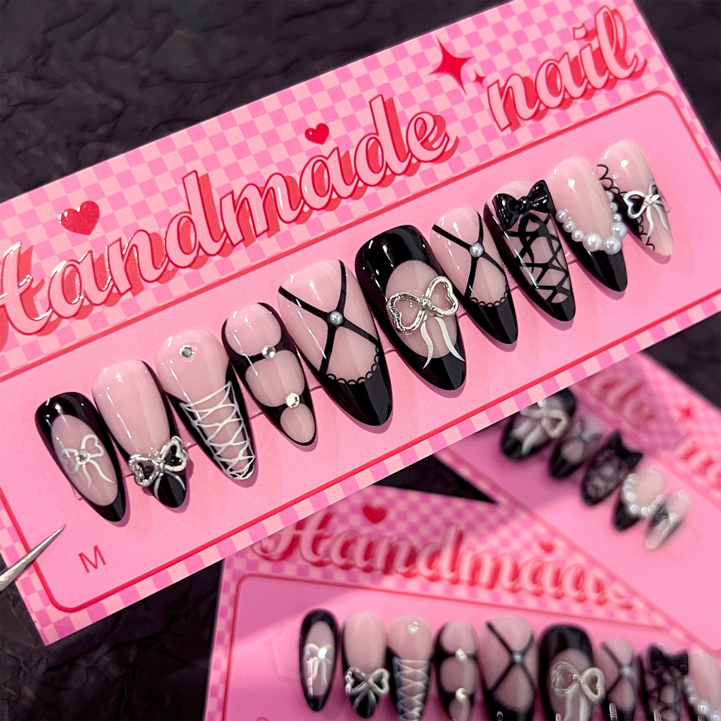 Cool spicy French black wearing nail point diamond three-dimensional bow manicure fake nail short almond nail piece wholesale|365nails