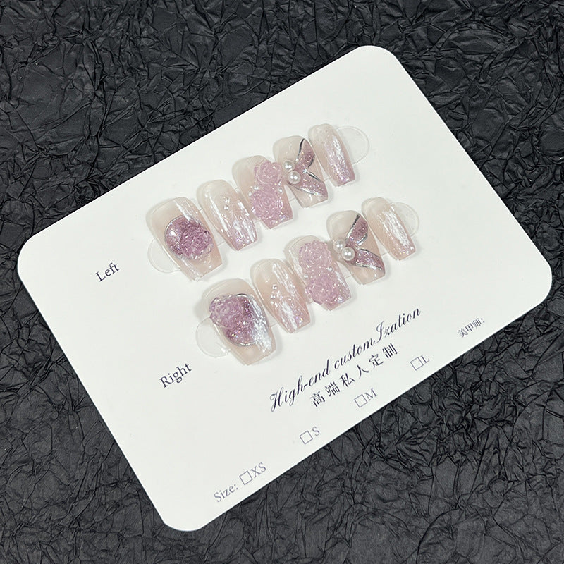 Pure handmade press-on nails purple colorful three-dimensional gradual change camellia short nail patch wearable fake nails|365nails