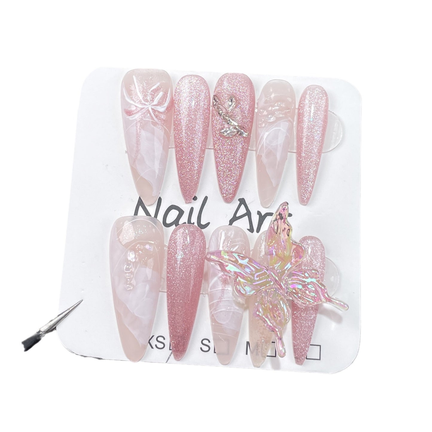 Handmade armor three-dimensional ice crystal butterfly clear feeling hand-painted watercolor smudge cat eye long tip nail art finished patch|365nails