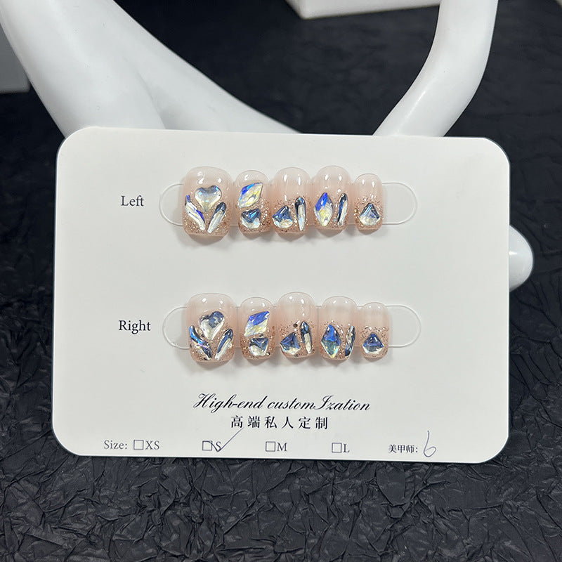 Summer fresh moonlight blue bright diamond short manicure patch detachable fake nails pure handmade press-on nails wholesale|365nails