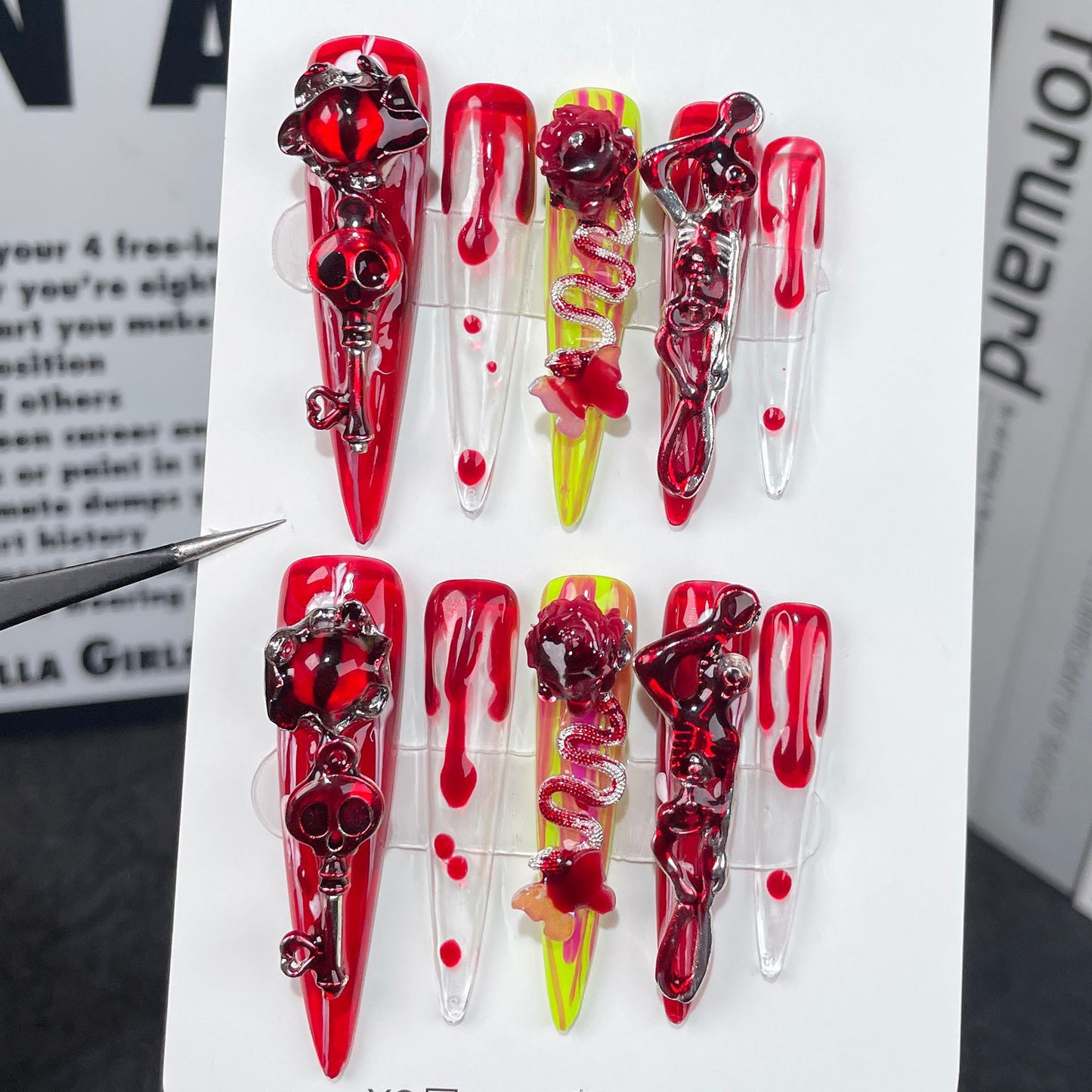 Unhas postiças artesanais estilo gótico escuro vento sangue rosa fresco picante ponta longa unhas postiças 365nails