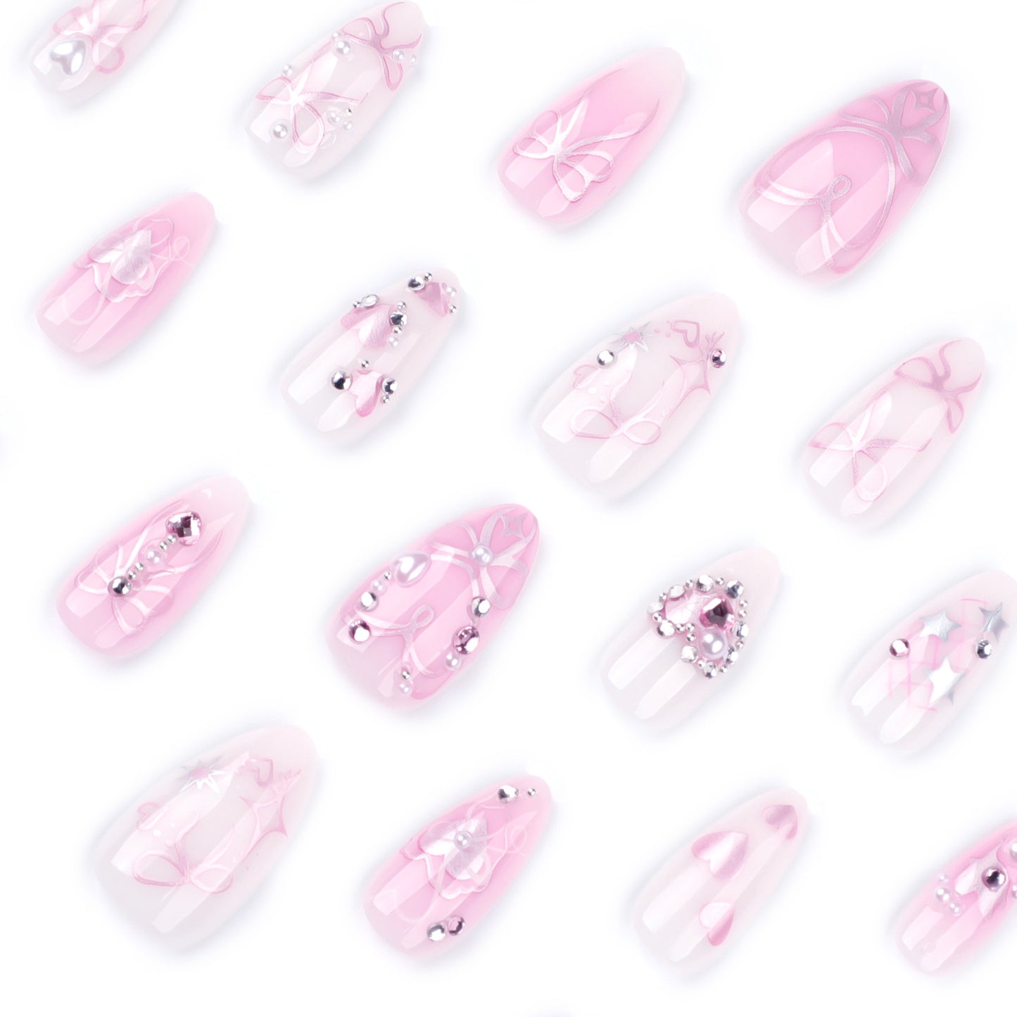 Love bow manicure fake nails almond-shaped press on nails pieces finished flash diamond flash press on nails wholesale|365nails