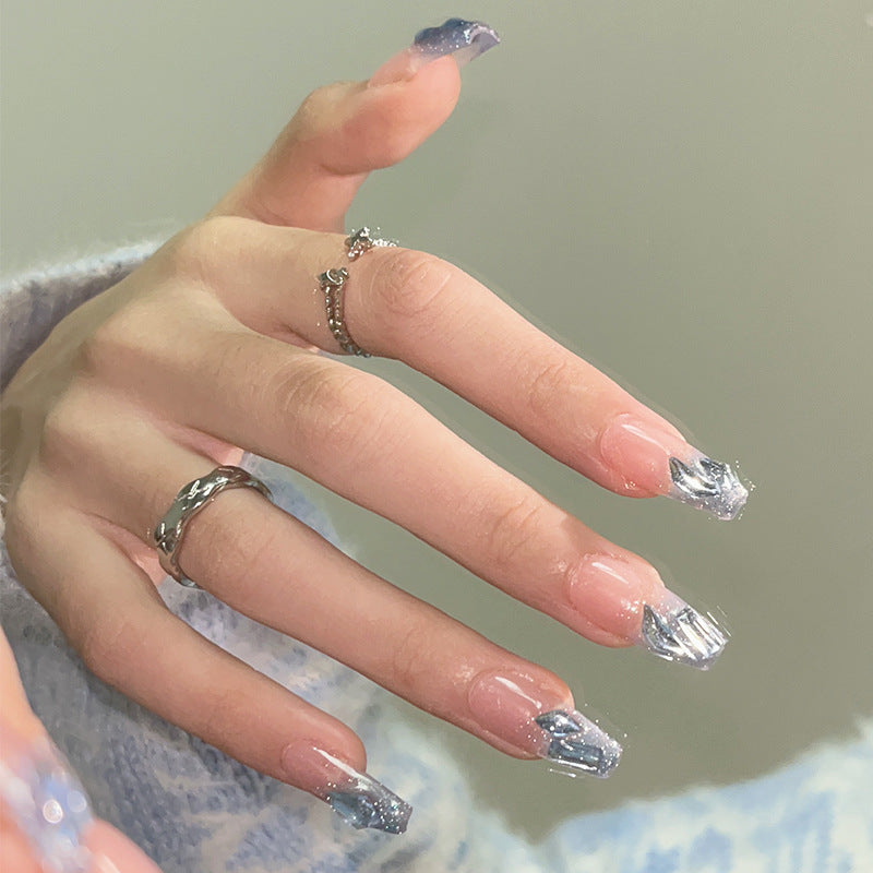 Unhas postiças removíveis com acabamento em remendo, feitas à mão, em azul-céu estrelado e brilhante, com diamantes brilhantes, atacado|365nails