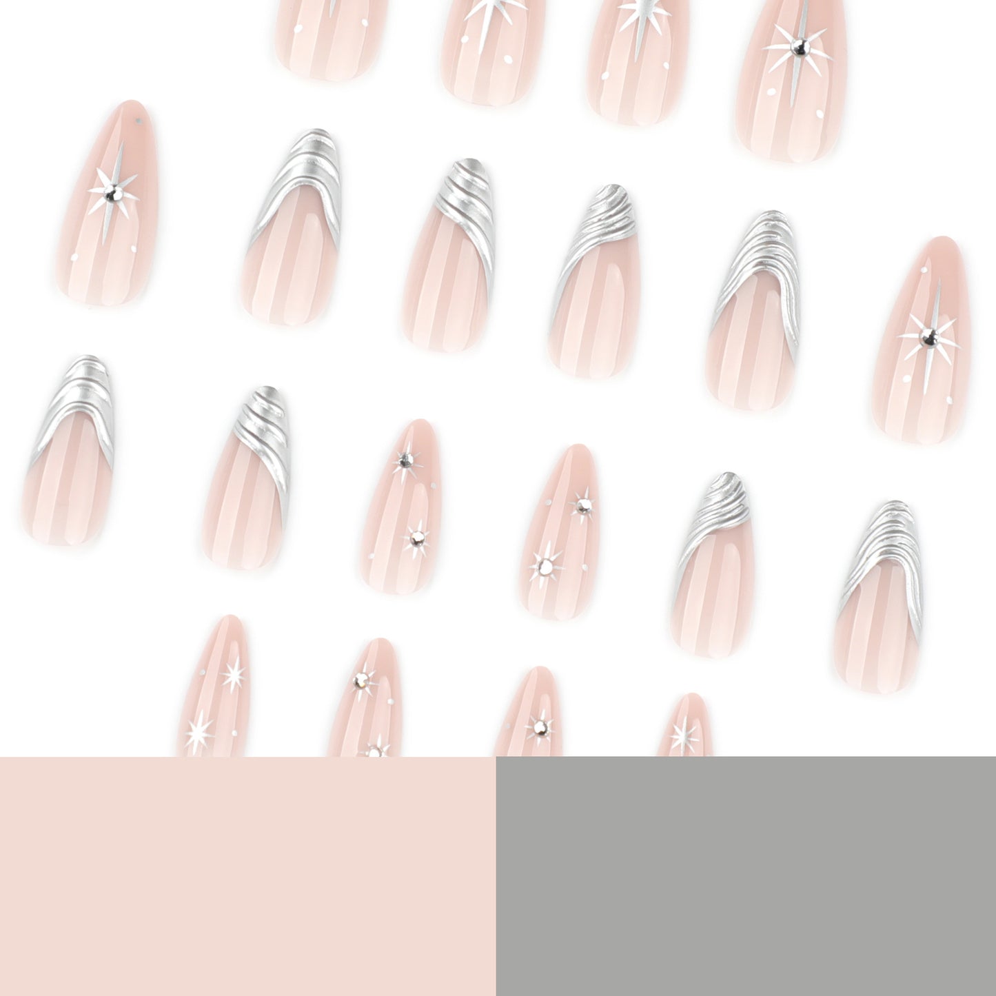French 3D Silver Metallic Wind Pink Short Almond press-on nails