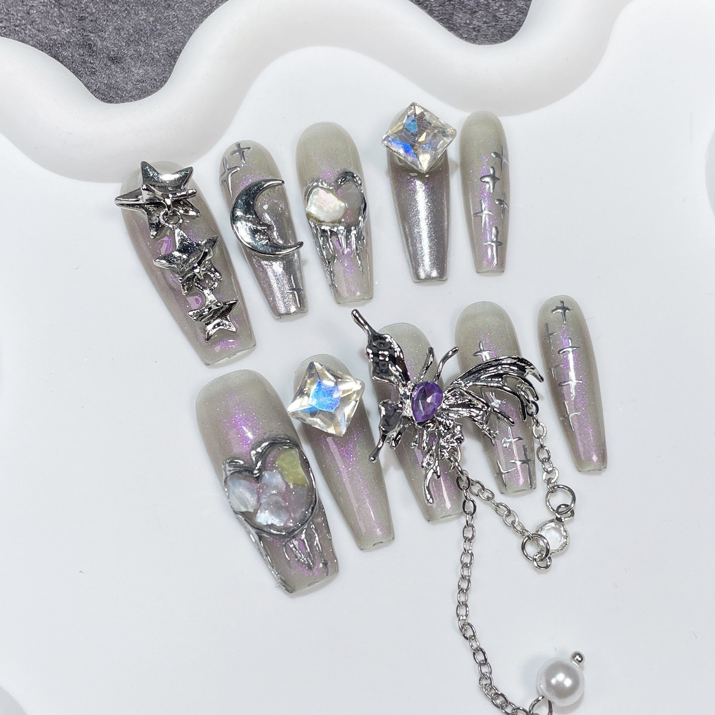 Unhas postiças artesanais estilo concha aurora, arte de unha longa, pingente de borboleta, adesivo de unha vestível, atacado 365nails