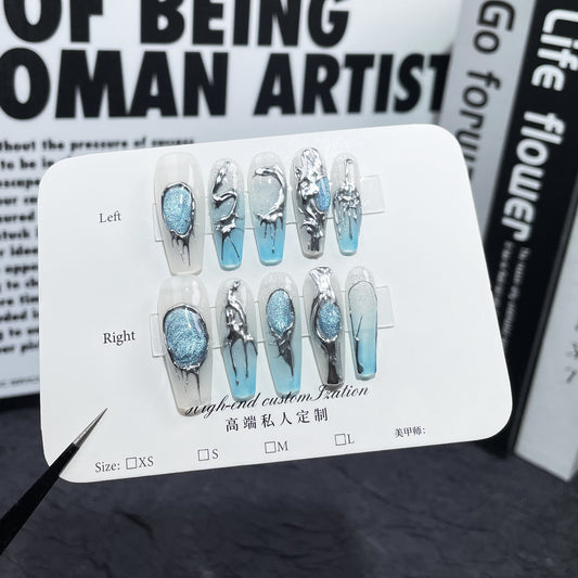 Heavy industry cat eye sapphire blue three-dimensional metal handmade press-on nails transparent blue gradual change sticker|365nails