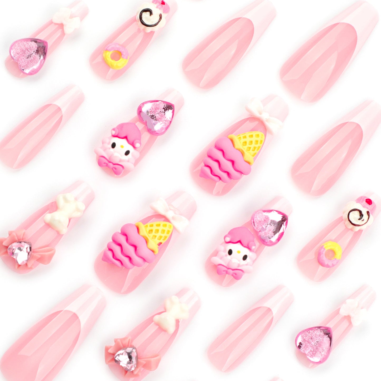 Desenho animado fofo rosa arte de unha cone sorvete laço tridimensional amor flash diamante |365nails
