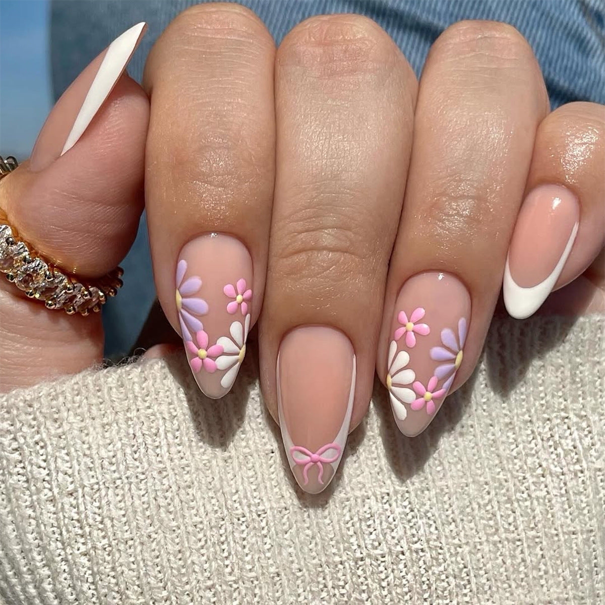 Summer style French white nail piece short almond nail piece removable fake nail wholesale|365nails