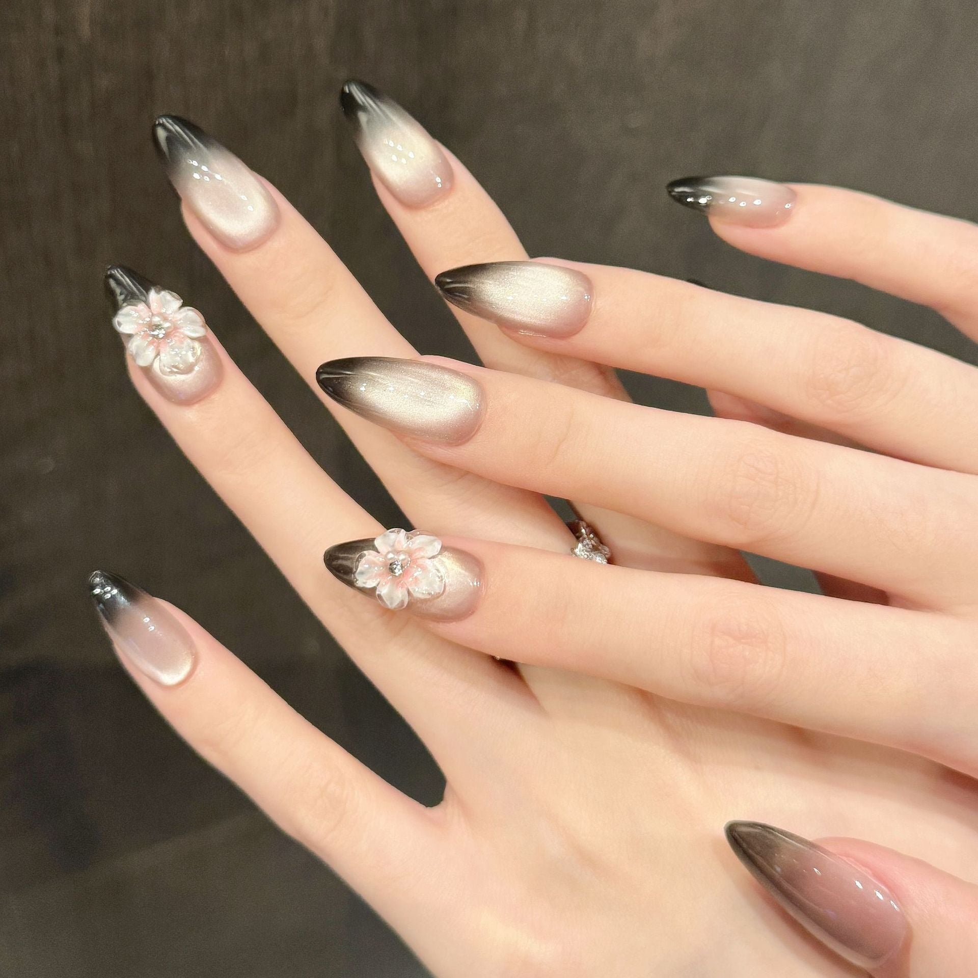 Handmade Ice Carving Three-dimensional Ice Flower Black Gradient French Handmade press on nails | 365nails