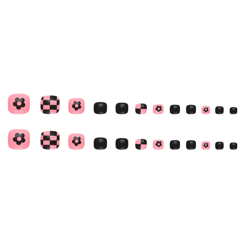 Unhas postiças para os pés, arte em forma de tabuleiro de xadrez com flores, branco, preto e rosa, unhas postiças removíveis, atacado de unhas postiças|365nails