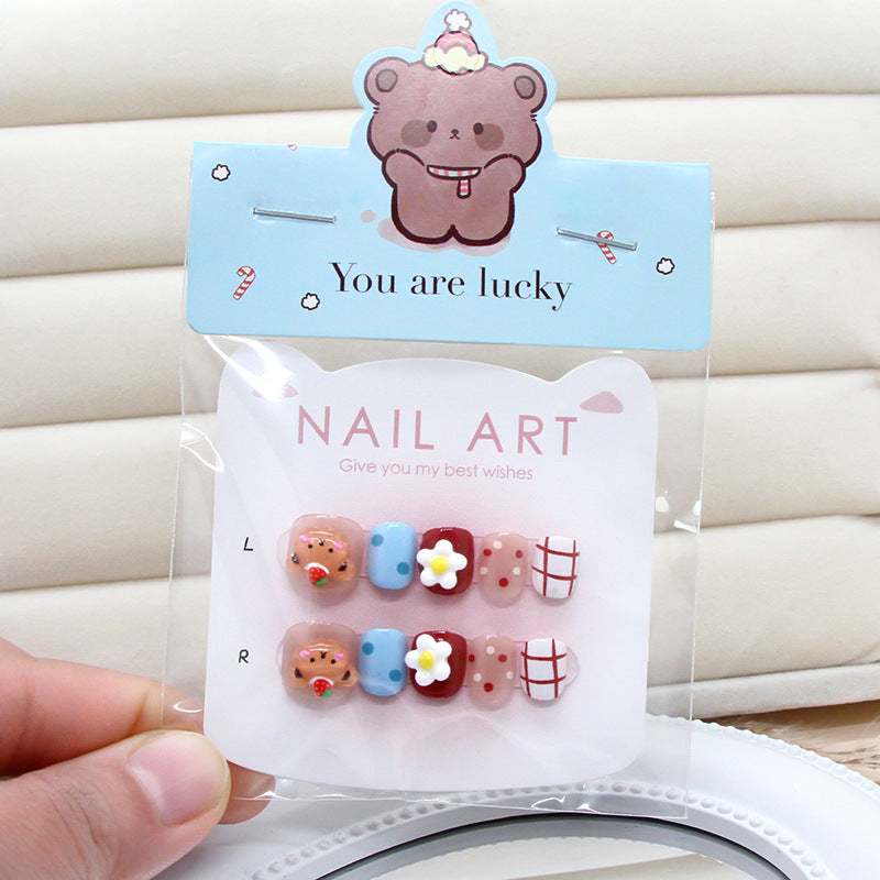 Cartoon bear flower colorful polka dot plaid cute playful ins wind fake nails kids nails|365nails