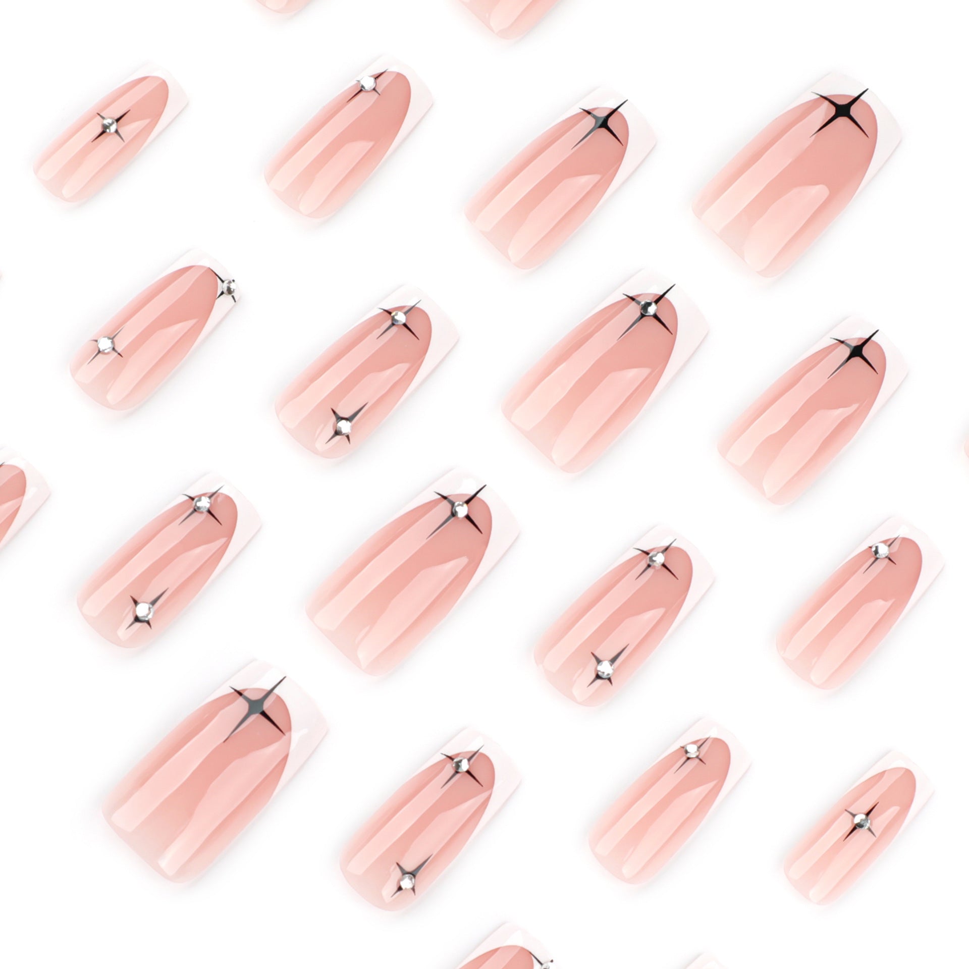 Medium length French white black star square press-on nails