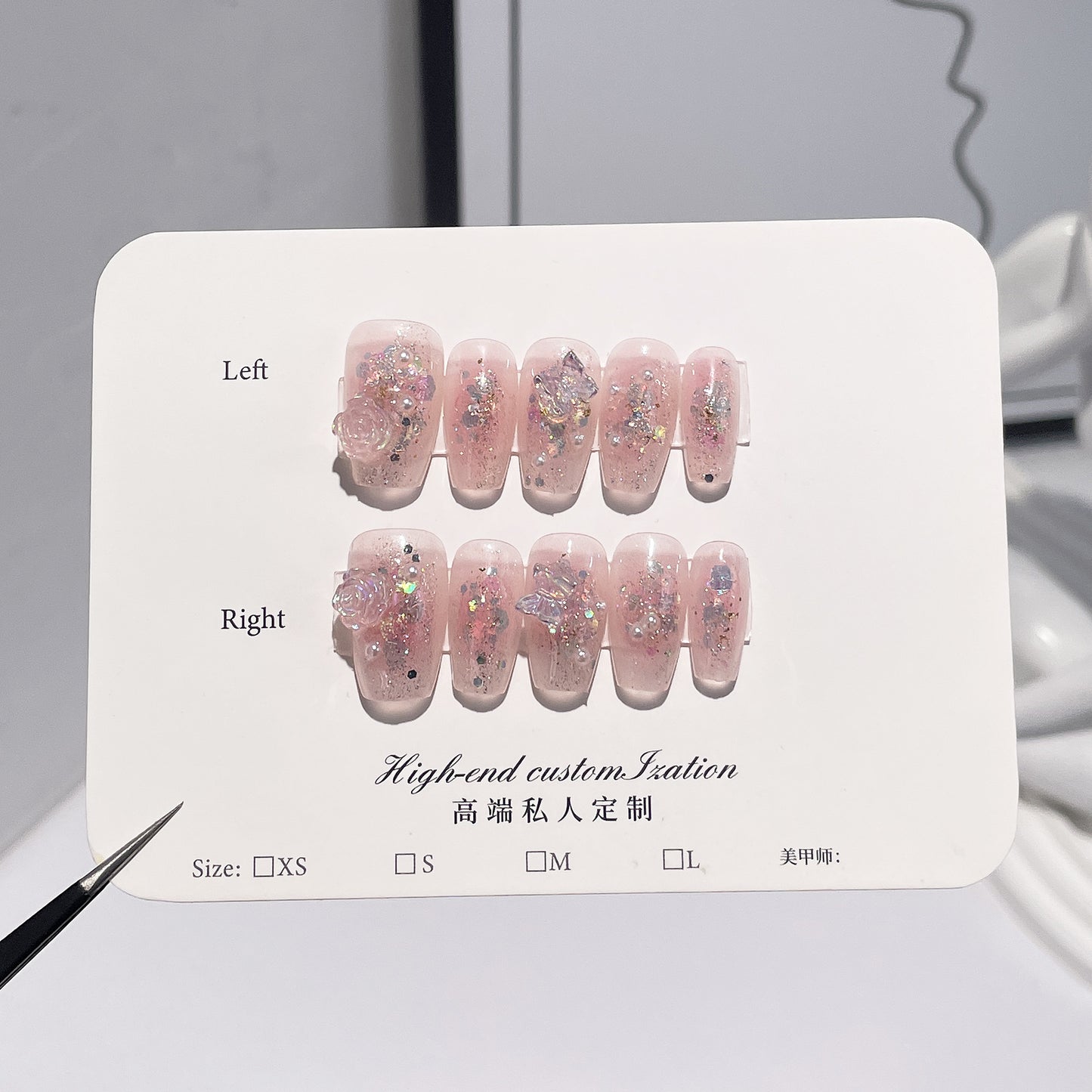 Handmade Press-on Nails blush sparkle three-dimensional camellia short nail patch wearable nail sticker wholesale|365nails