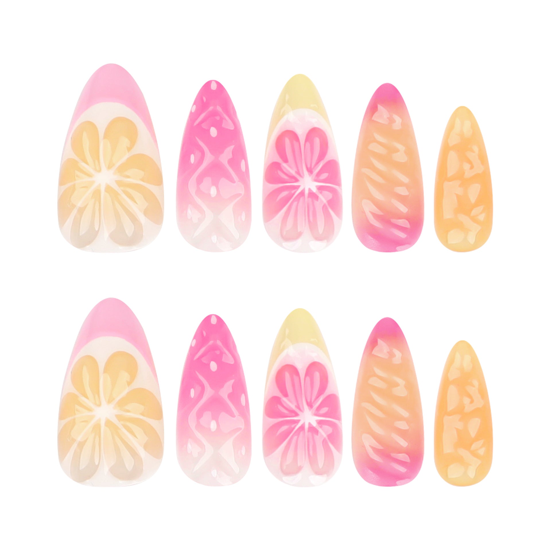 Unhas curtas de amêndoa frescas, 3D, fruta tridimensional, limão francês, laranja, atacado|365nails