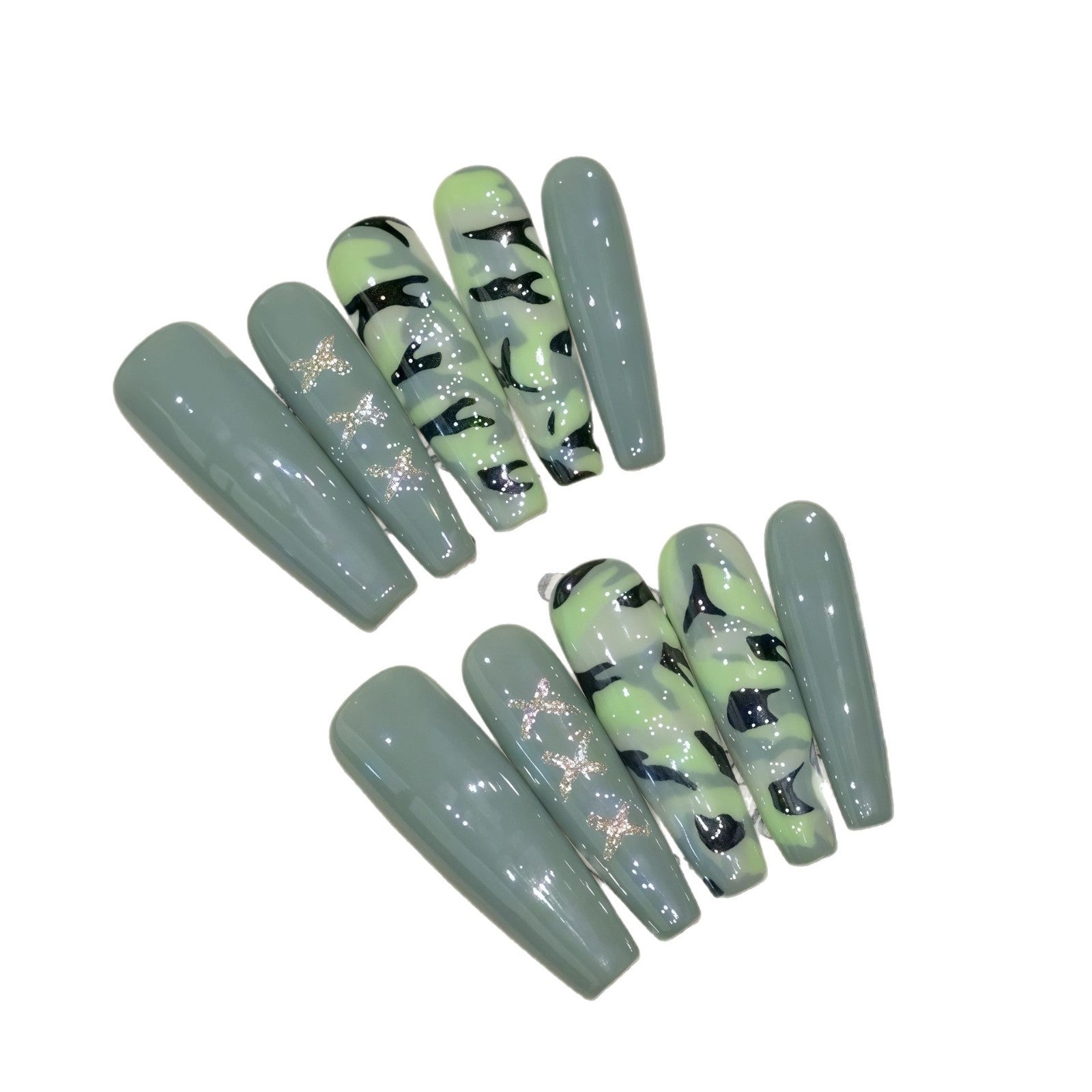 Unhas postiças pintadas à mão, camuflagem, primavera-verão, verde-exército, beleza, unhas removíveis | 365nails
