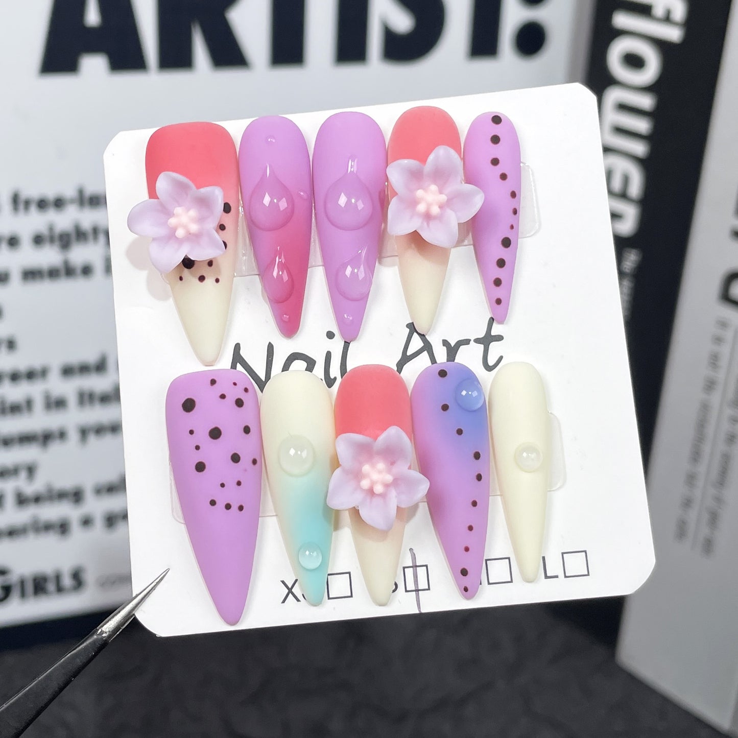 Long-pointed summer colorful contrasting colors Handmade Press-on Nails polka dot stamen long nail patch|365nails
