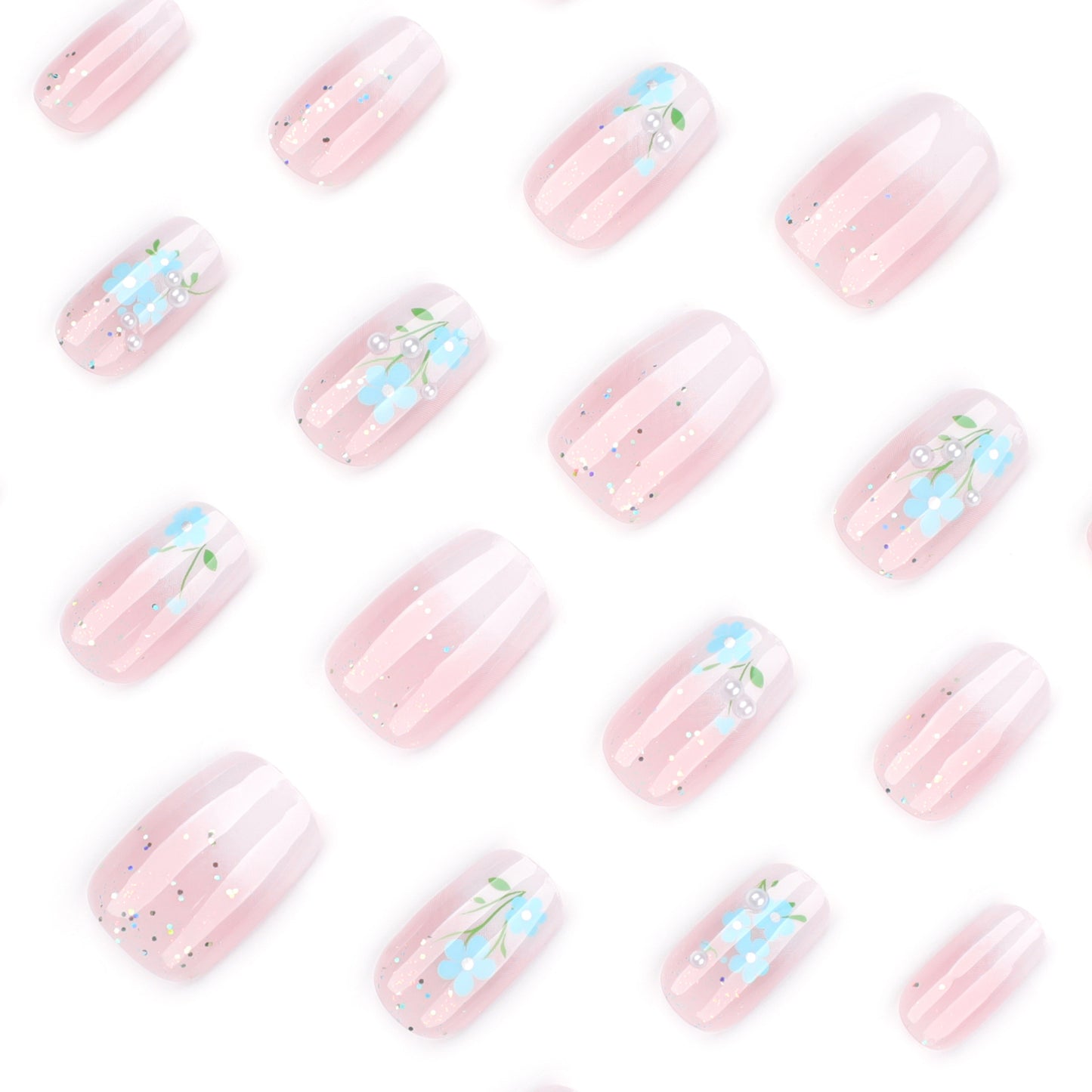 Fresh blue flowers pink and white gradual change simple short square press-on nails