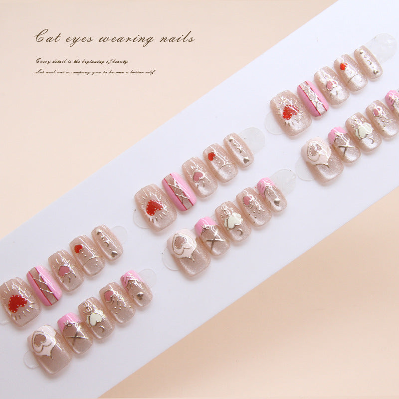 Nail Tips prefabricated nail press on nails Sweet removable cat eye pink peach heart nail piece Short T nail patch |365nails