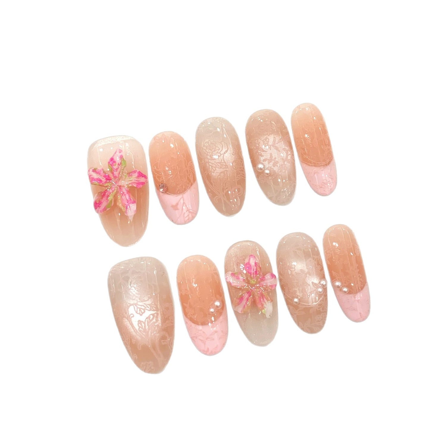 Hermosa flor de hielo hecha a mano en polvo de melocotón tridimensional, uñas francesas de primavera y verano, hechas a mano | 365nails