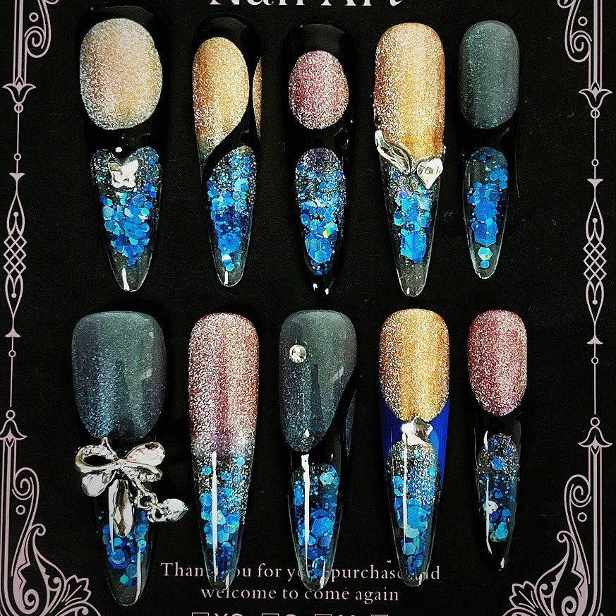Title Midnight Deep-Sea | Black-Gold Blue Crystal Art Series Press-On Nails