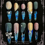 Title Midnight Deep-Sea | Black-Gold Blue Crystal Art Series Press-On Nails